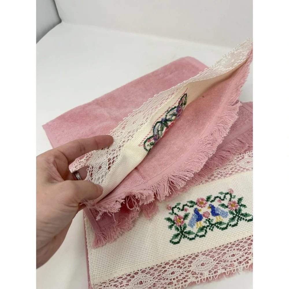 Coquette Grandmacore Cottagecore Cross Stitch Beaded Hand Towels Pink Set of 2
